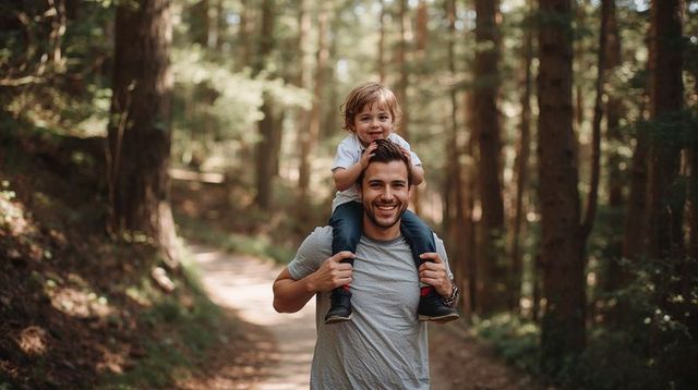Young father carrying toddler on shoulders walking sunlit forest trail celebrating bond