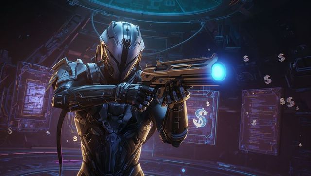 Futuristic Cyborg Soldier in Holographic Battle Room with Floating Currency