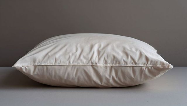 Beige rectangular pillow resting with visible seam and soft wrinkles on neutral backdrop