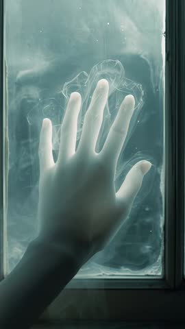 Hand Pressing Frosted Glass Tracing Glowing Jellyfish Shapes Vertical Ambient Footage