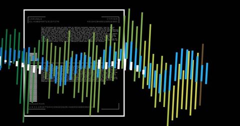 Displaying abstract digital waveform with colorful vertical bars, code panel and numeric data overla