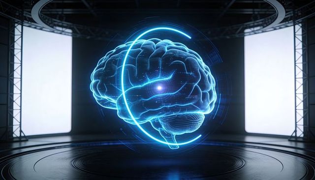 Neon Holographic Brain Hovering Over Futuristic Tech Platform, Wireframe AI Network with Particle Tr