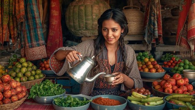 South asian market vendor pouring tea from shiny kettle at colorful produce stall
