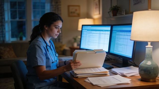 Night nurse reviewing patient records at home desk with dual monitors and manila files