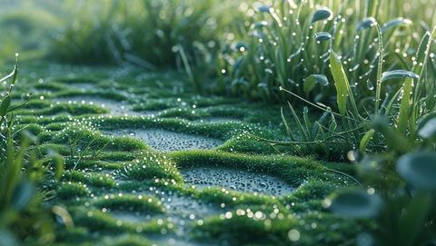 Dew-covered mossy ground in lush meadow