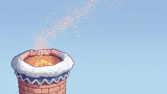 Pixel art snowy chimney releasing glowing embers into clear blue sky