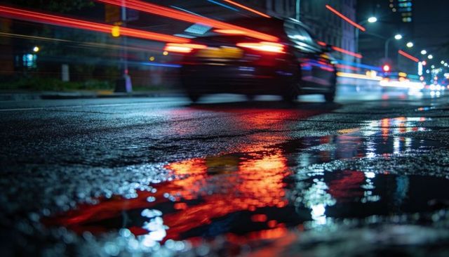 Night car speeding on wet urban street reflecting neon taillight trails and motion blur