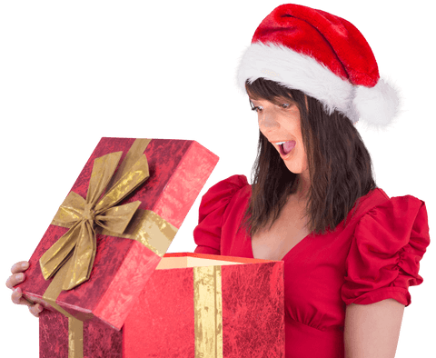 Surprised woman in santa hat opening gift with transparent success