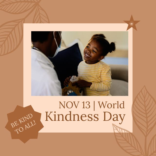 This visual captures the essence of World Kindness Day, celebrated on November 13, with a heartwarming interaction between a smiling African American girl and a healthcare professional. It underscores the importance of empathy and kindness in healthcare settings. Perfect for use in promotional materials for World Kindness Day events, healthcare campaigns, child care awareness programs, and social media posts promoting kindness and compassion.