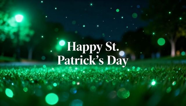 Glowing green st. Patrick's day greeting over dewy grass night bokeh background