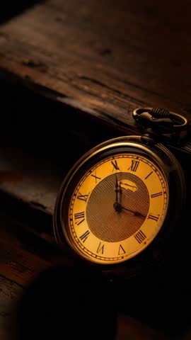 Vertical clip vintage brass pocket watch ticking on wooden table in moody golden glow
