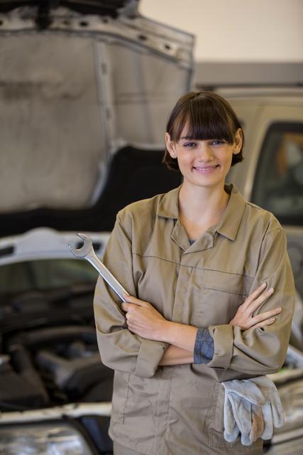 Female mechanic with arms crossed and spanner - Download Free Stock Photos Pikwizard.com