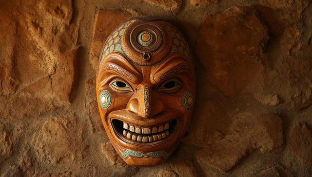 Hanging carved tribal wooden mask with turquoise and gold accents on sandstone wall