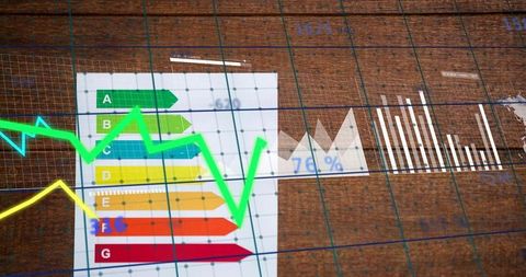 Energy efficiency arrow chart with animated data lines and dashboard visualization trend