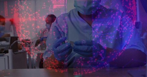 Medical technician preparing vaccine vial with syringe and pink-purple digital overlay