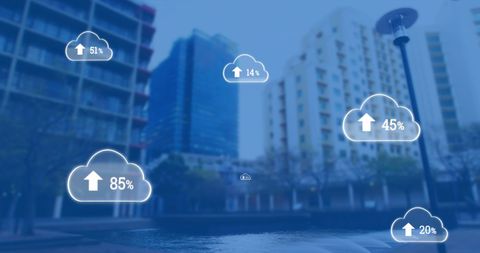 Digital Cloud Computing Symbols Above Urban Skyline - Download Free Stock Images Pikwizard.com