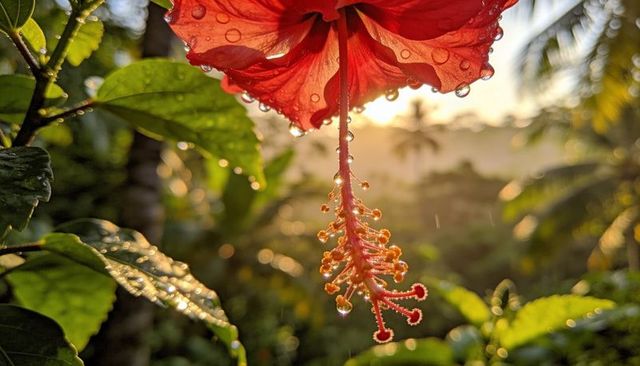Backlit red hibiscus blossom with dew-covered stamen and golden tropical bokeh glow