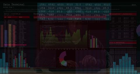 Hooded Man Analyzing Data Dashboards on Laptop while Typing with Code and Charts Overlay