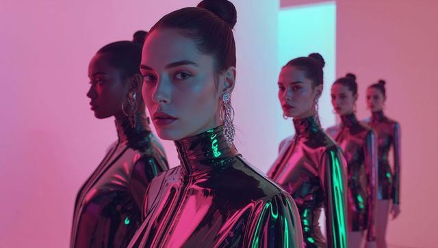 Models Striking With Metallic Dresses Under Vibrant Lighting