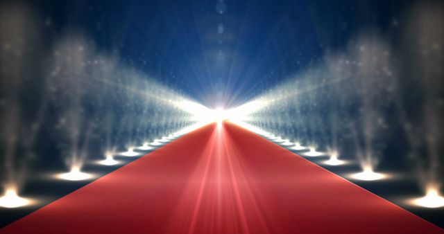 Brightly lit red carpet leading to an intense light with rows of spotlights. Perfect for themes related to events, glamor, Hollywood, premieres, and celebrations. Can be used in marketing materials for awards ceremonies, luxurious events, and entertainment industry.