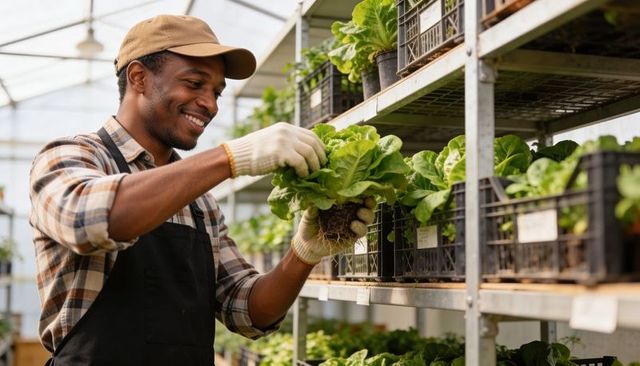 Black gardener inspecting lettuce seedlings in greenhouse nursery, wearing cap and apron