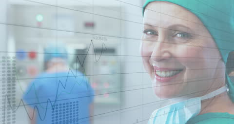 Confident Surgeon Smiling with Digital Analytics Overlay