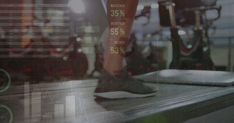 Woman Running on Treadmill with Statistical Data Overlay in Gym