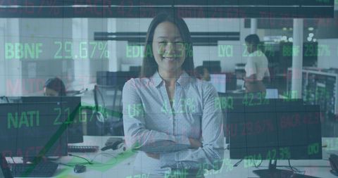 Confident Businesswoman Analyzing Stock Market Data in Modern Workspace