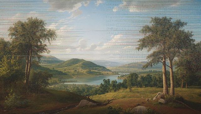 Digital glitch pastoral: lakeside valley panorama with code overlay and painterly texture