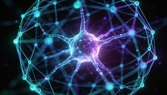 Pulsing neuron-like core sending neon light through filaments in spherical cyber network