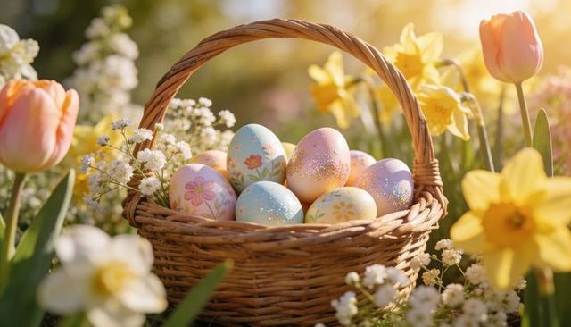 Sunlit wicker basket of pastel decorated easter eggs surrounded by tulips and daffodils