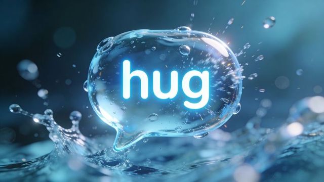Floating glossy speech-bubble droplet hovering over rippling water displaying glowing hug