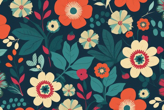 This vibrant floral pattern is perfect for uses such as fabric prints, wallpapers, and wrapping paper due to its bold and colorful design. The retro-style illustration includes a diverse collection of flowers and leaves set against a navy background, evoking a cheerful and elegant ambiance ideal for spring and summer-themed products.