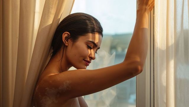 Serene woman standing by window holding sheer curtain during golden hour, soft portrait