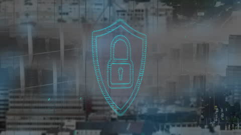 Digital Security Lock with Cityscape and Duo-Tone Effect