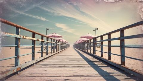 Sunlit vintage pier with pink umbrellas on beachfront