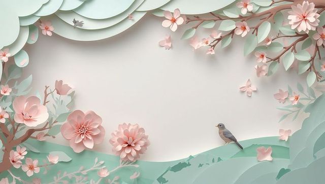 Papercut pastel blossom frame with scalloped clouds and perched bird over cream space