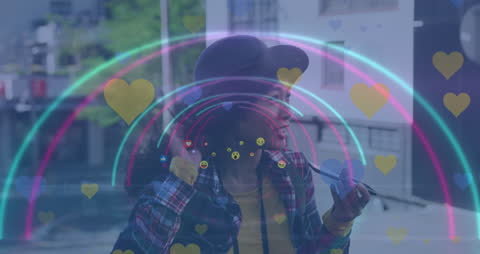 Woman Using Smartphone with Overlay of Emojis and Neon Lines