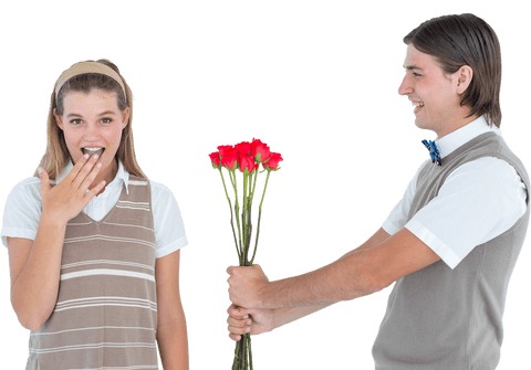 Geeky hipster offering red roses on transparent background