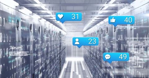 Digital connectivity in datacenter aisle with social media icons