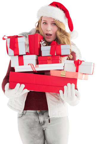surprised woman with santa hat holding pile of christmas gifts transparent - Download Free Stock Videos Pikwizard.com