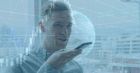Young professional speaking into smartphone with financial charts overlay and lunar hologram