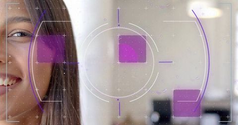 Smiling woman leaning with AR HUD overlay and glass droplets in neutral interior