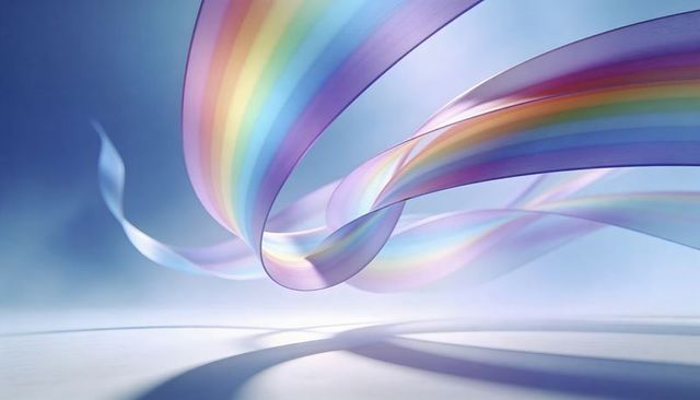 Flowing iridescent rainbow ribbon twisting above smooth white surface, modern abstract design