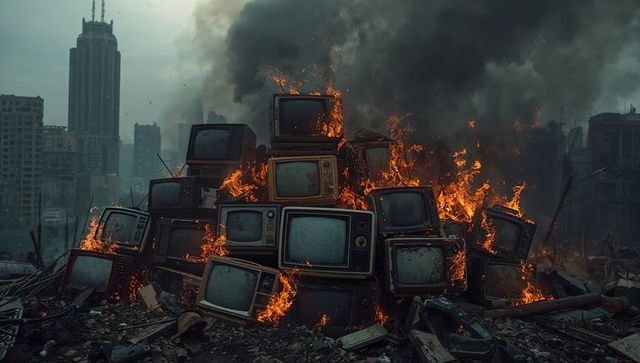 Burning television pile in post-apocalyptic urban landscape