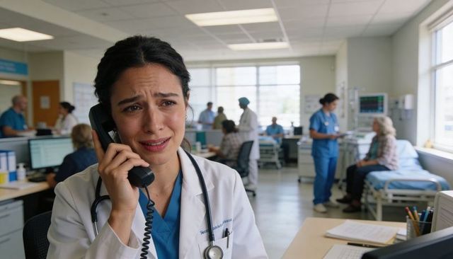 Stressed female doctor taking emergency call at busy hospital nursing station
