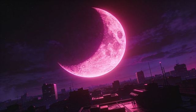 Neon pink crescent moon over urban rooftops creating cinematic cyberpunk night skyline