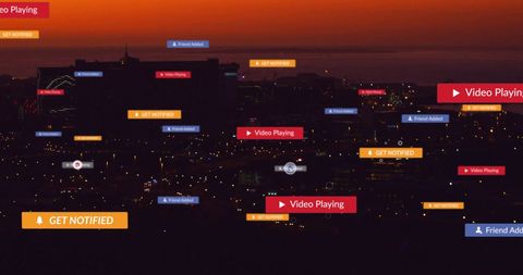Urban Skyline at Dusk with Social Media Icons Overlay