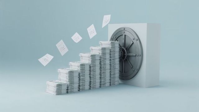 Conceptual paper trail leading to secure vault door with floating sheets