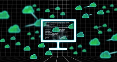 Neon monitor displaying floating cloud icons and source code on reflective cyber grid ui